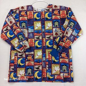 Tafford Halloween Long Sleeve Scrub‎ Top Medium Snap Front